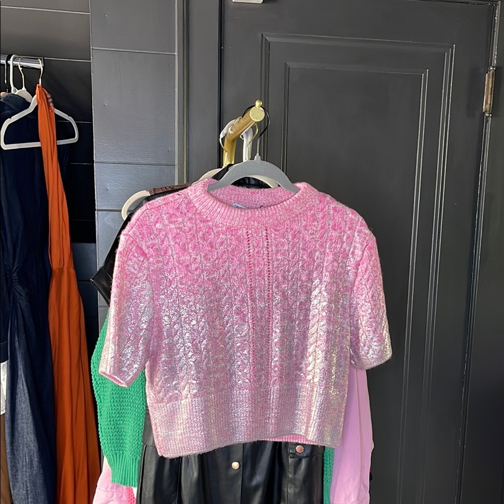 Pink Shimmer/Foil Knit Sweater Cropped